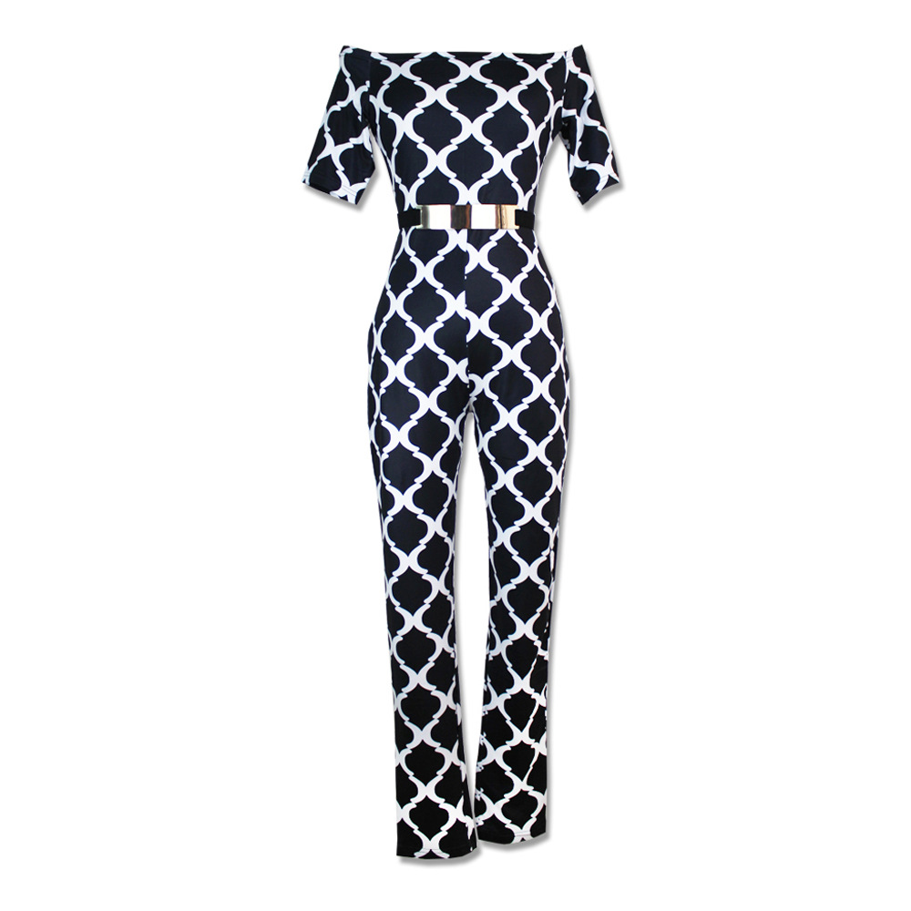 F2516-2 Women Jumpsuits Fashion Print Off the Shoulder with Belt